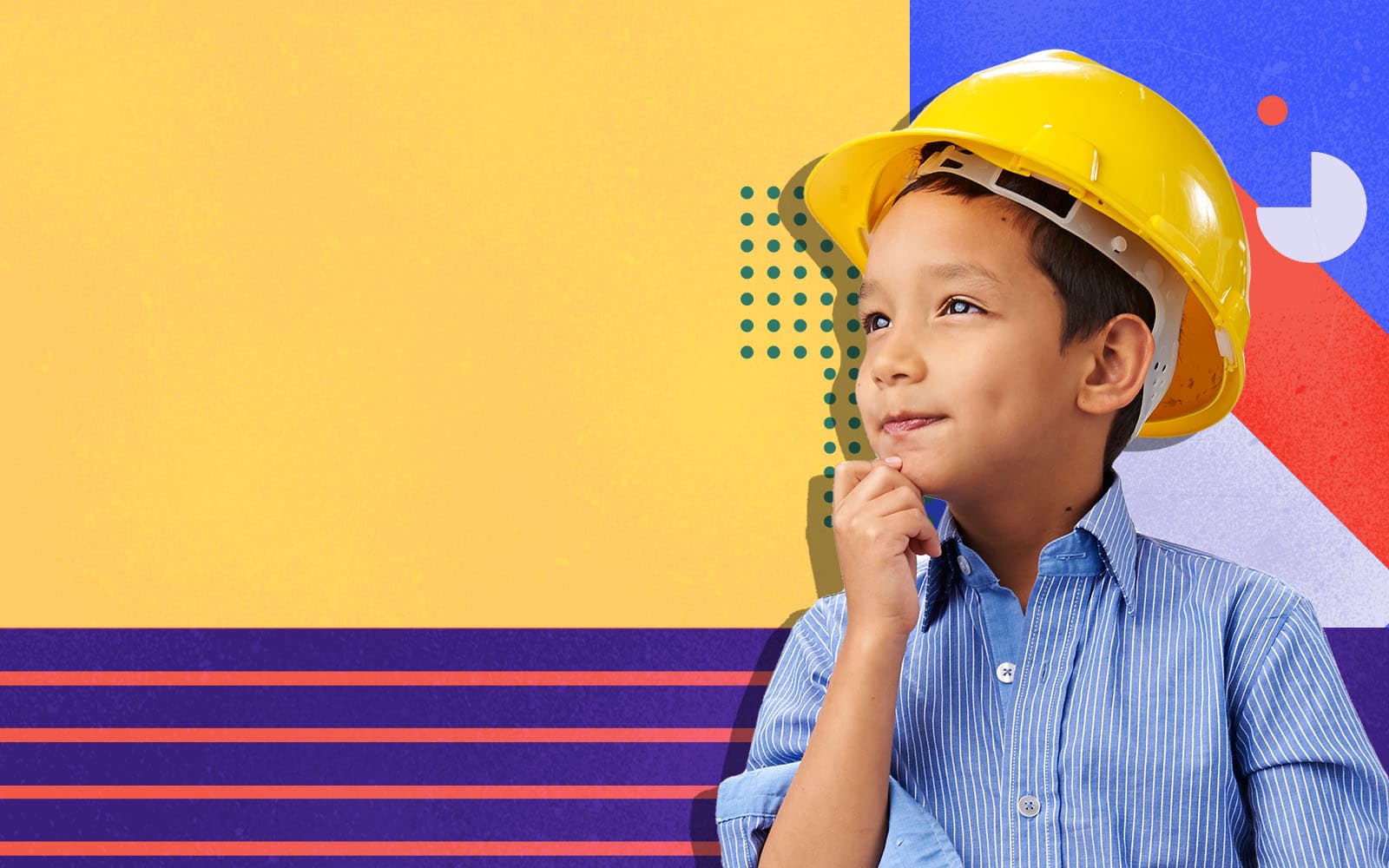 Child wearing yellow construction helmet looking off into the distance