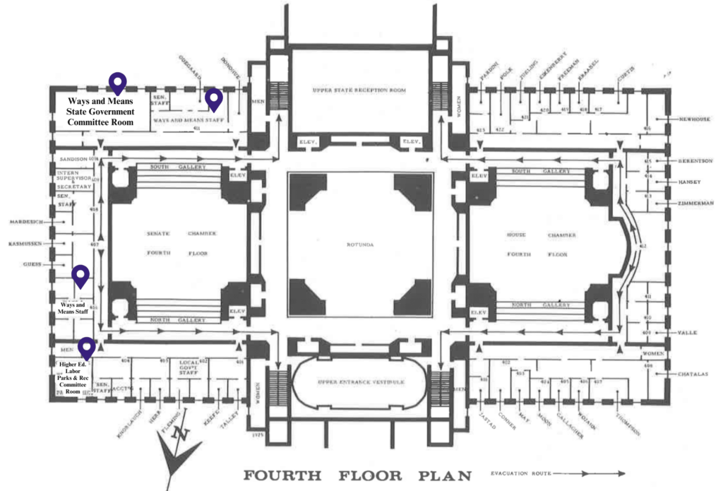 Edited map of the Fourth Floor of the Washington State Legislative Building from 1975-77 Senate Pictorial.