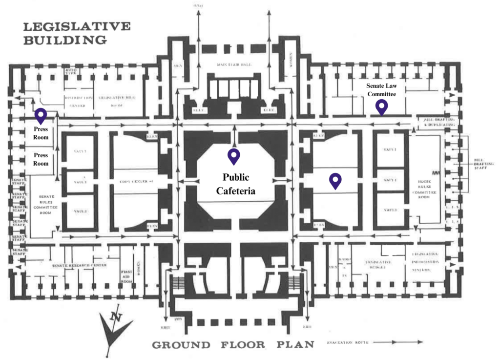 Edited map of the Ground Floor of the Washington State Legislative Building from 1975-77 Senate Pictorial.