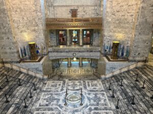 Photo from above of the rotunda in the Washington State Legislative Building in Olympia, WA from February 2025.