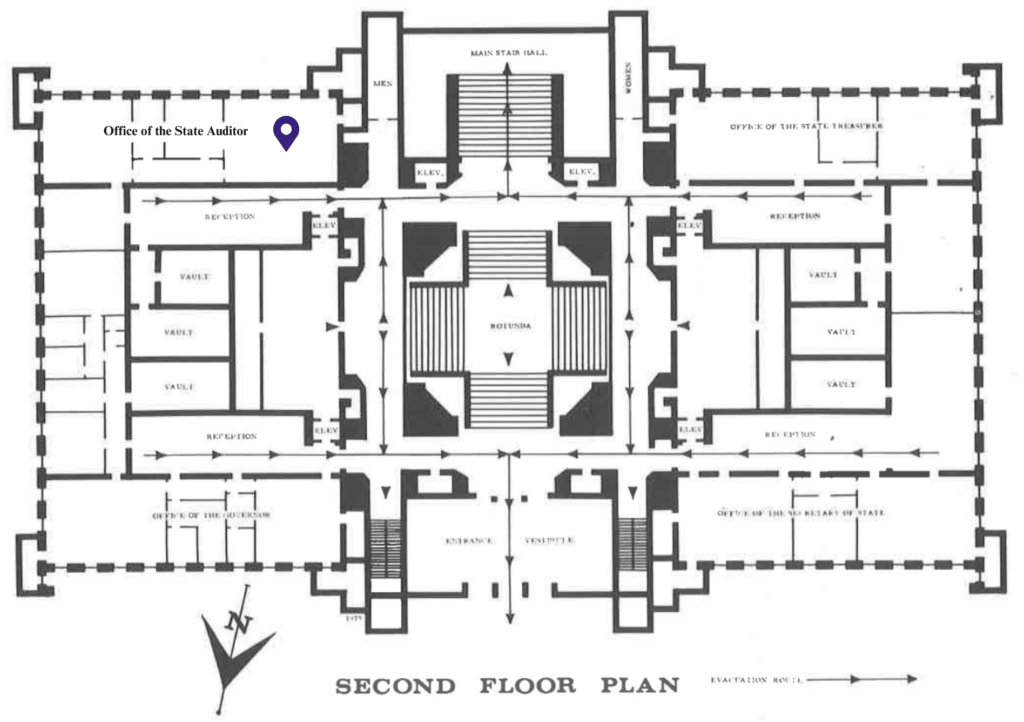 Edited map of the Second Floor of the Washington State Legislative Building from 1975-77 Senate Pictorial.