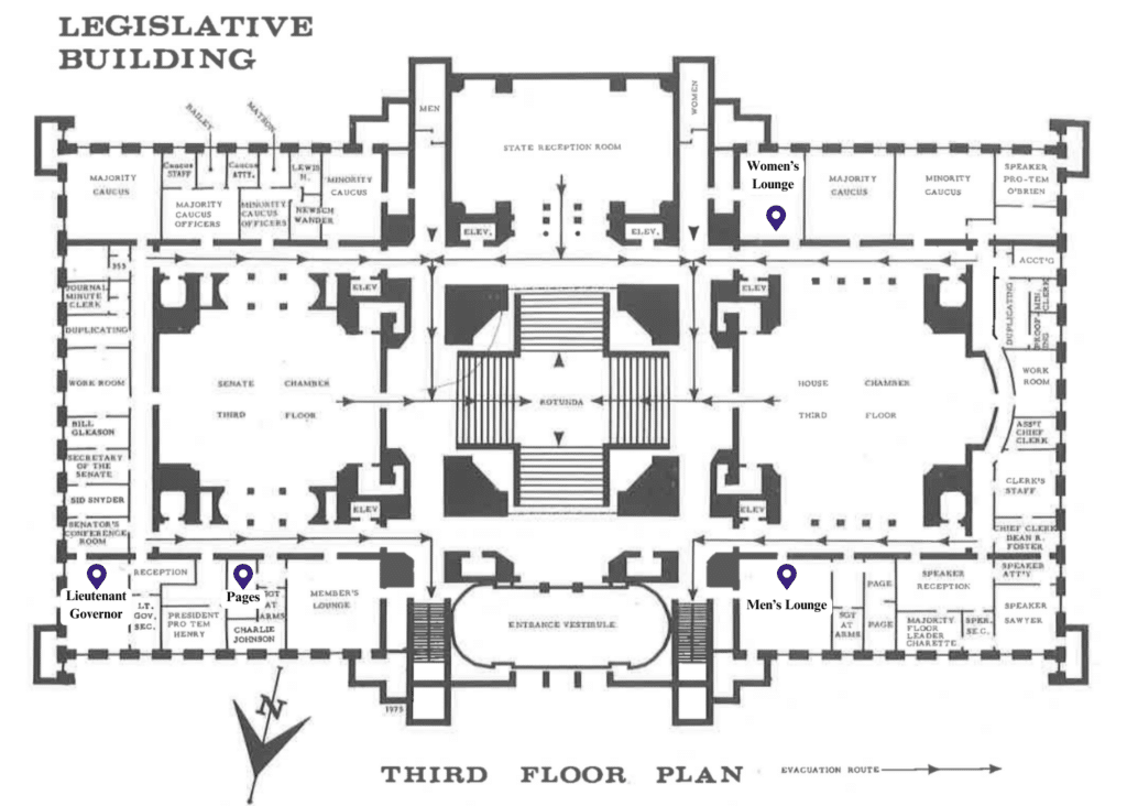 Edited map of the Third Floor of the Washington State Legislative Building from 1975-77 Senate Pictorial.